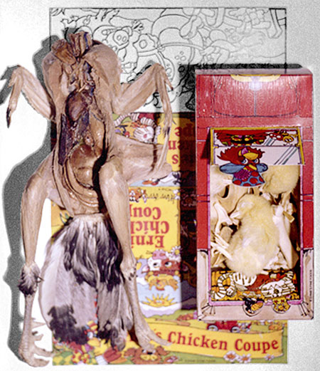 Top view of the sculpture showing dissected and freeze-dried chicken beside the chicken-dinner promotional package containing three freeze-dried chicks