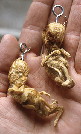 Colour photograph of spray-painted human foetuses with hooks in their skulls
